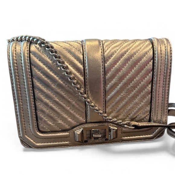 Rebecca Minkoff Chevron Quilted Small Love Silver Metallic Crossbody Bag - Picture 5 of 15